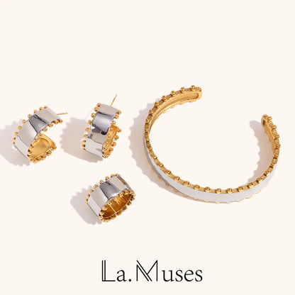 🍒Mix color jewellery round bead edge smooth stainless steel women's earrings stainless steel ring and stainless steel bracelet Set high-end design every day jewellery occasion Jewellery Gift This Gold Will Steel Attention