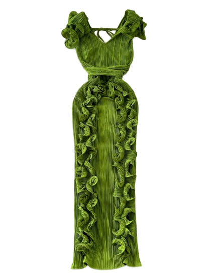 🍒Women's long dress slim fit occasion outfit with 3D pleats and ruffle hem sleeveless fashion wear party wear fashion clothing Look Smooth In Ruff-les