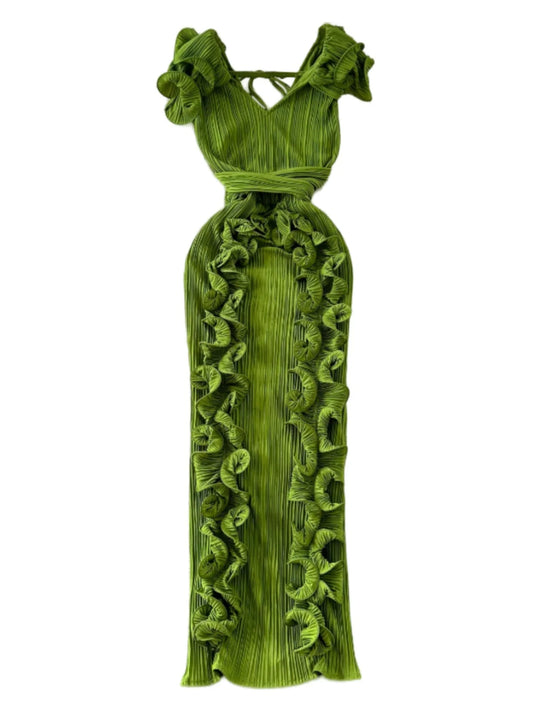 🍒Women's long dress slim fit occasion outfit with 3D pleats and ruffle hem sleeveless fashion wear party wear fashion clothing Look Smooth In Ruff-les