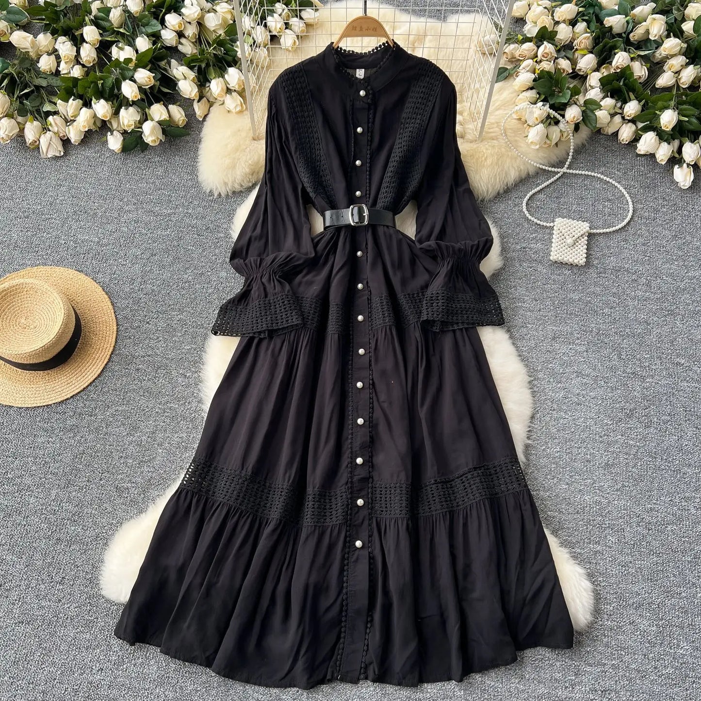 🍒Stand collar maxi dress a-line elegant single breasted smart casual women puff seeve outfit single breasted shirt dresses high waist Y2k fashion vintage style clothimg Get A ComPLEAT Look