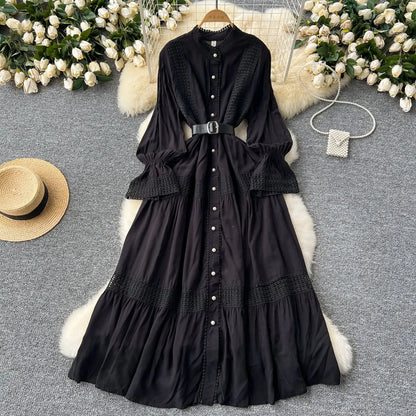 🍒Stand collar maxi dress a-line elegant single breasted smart casual women puff seeve outfit single breasted shirt dresses high waist Y2k fashion vintage style clothimg Get A ComPLEAT Look