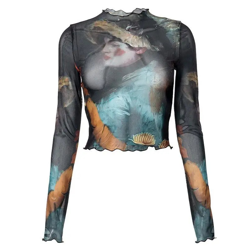 🍒High waisted mesh skirt gauze and matching print top fashion wear for women slim fit bodycon feminine clothing smart casual wear women streetwear female oil painting long sleeve tee and ruffle edge long skirt set Face The Day With Cool clothes