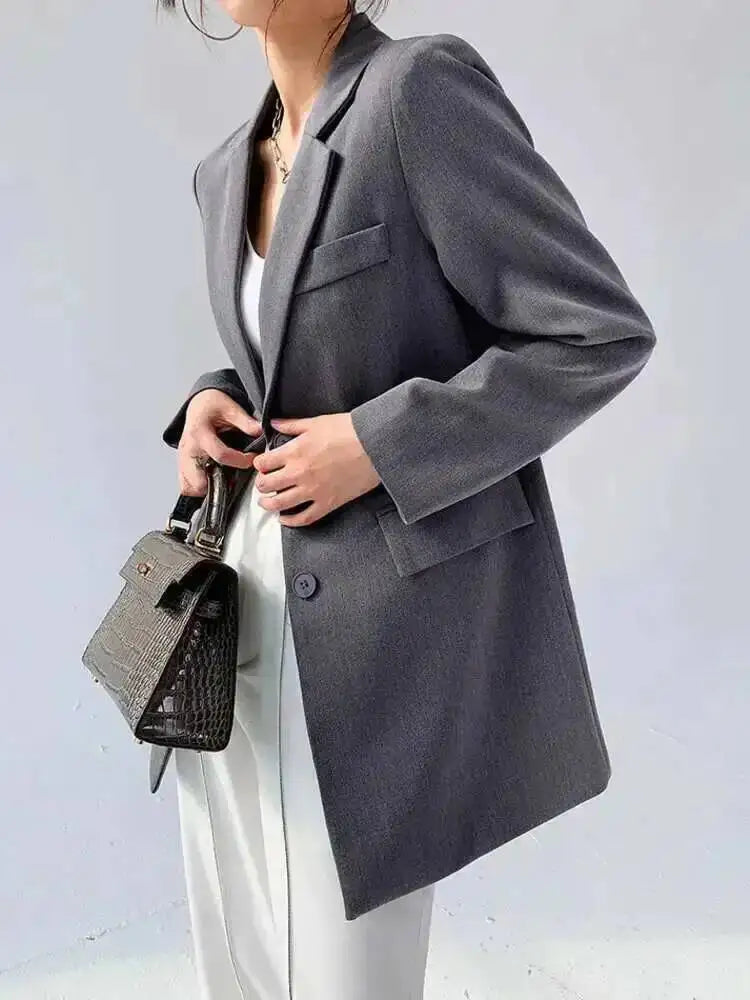🍒Back button blazer designer with upper back pocket outerwear clothes for women grey lapel long sleeve jacket fashion female coat spring chic occasion wear Put This In Your BACK POCKET For That BLAZERing Hot Occasion