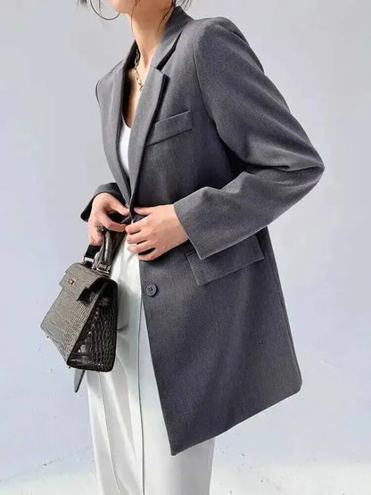 🍒Back button blazer designer with upper back pocket outerwear clothes for women grey lapel long sleeve jacket fashion female coat spring chic occasion wear Put This In Your BACK POCKET For That BLAZERing Hot Occasion