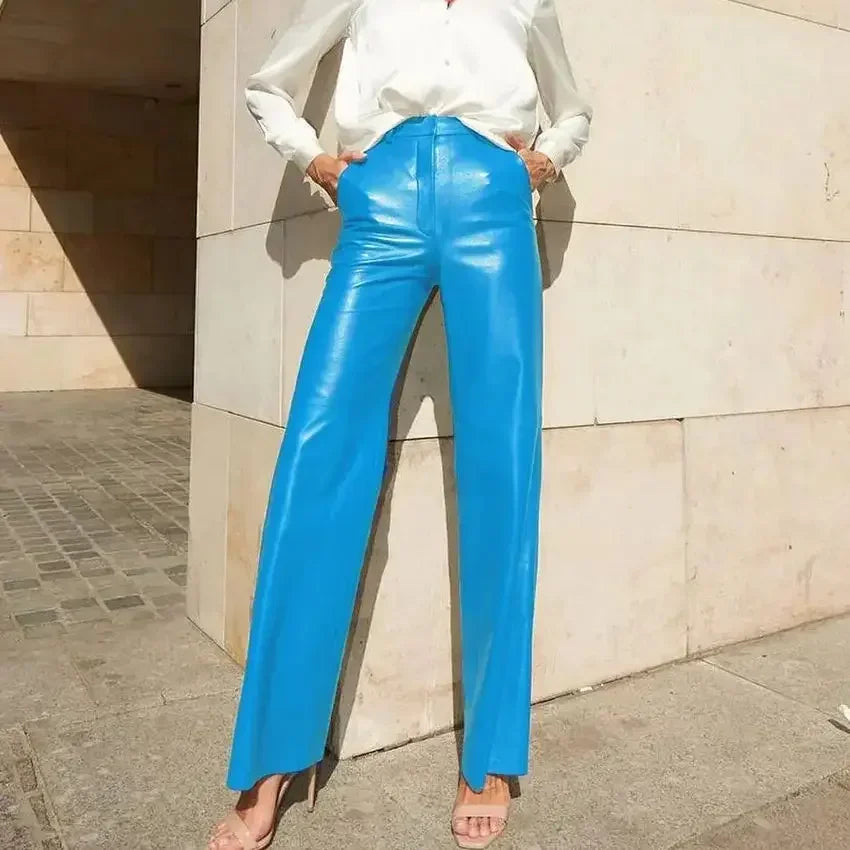 🍒Women's pu leather trousers high waisted hip lifting fashion straight leg pants smart casual clothimg party occasionwear