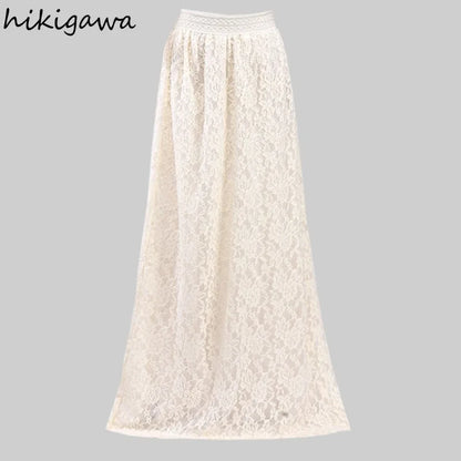 🍒Lace crochet skirts women clothes high waist solid colour skirt hollow out a-line long Skirt smart casual clothes maxi fashion skirt Maxi-mum Impact No Effort