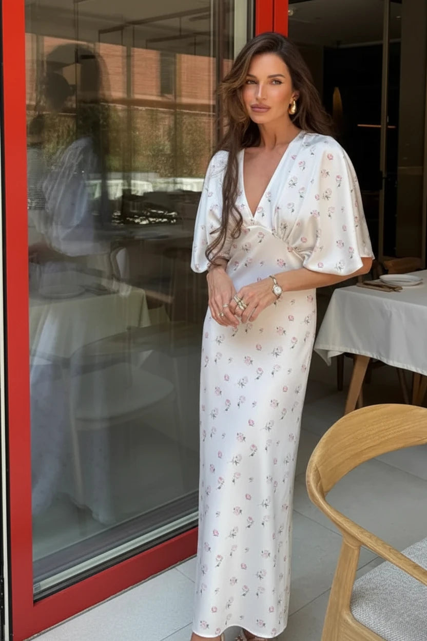 🍒White floral satin maxi dress for women casual or occasion wedding guest beach vacation outfit flower printed v-neck dress womens fashion slim fit waist short butterfly sleeve long summer wear with short sleeves high waist cute comfy casu-casion