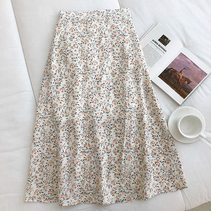 🍒Vintage floral midi skirt summer high waist fashion wear flor Woman ditsy print clothing Versatile wear casual clothes Versatile Print Mint Vint
