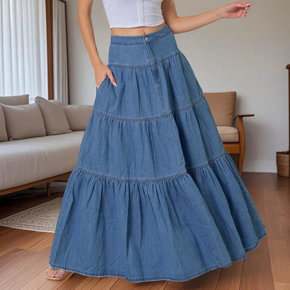 🍒Women's vintage denim long skirt a line maxi elegant female casual fashion Loose teired skirt y2k retro fashion Get Into Gypsy Jean Kinda Thing