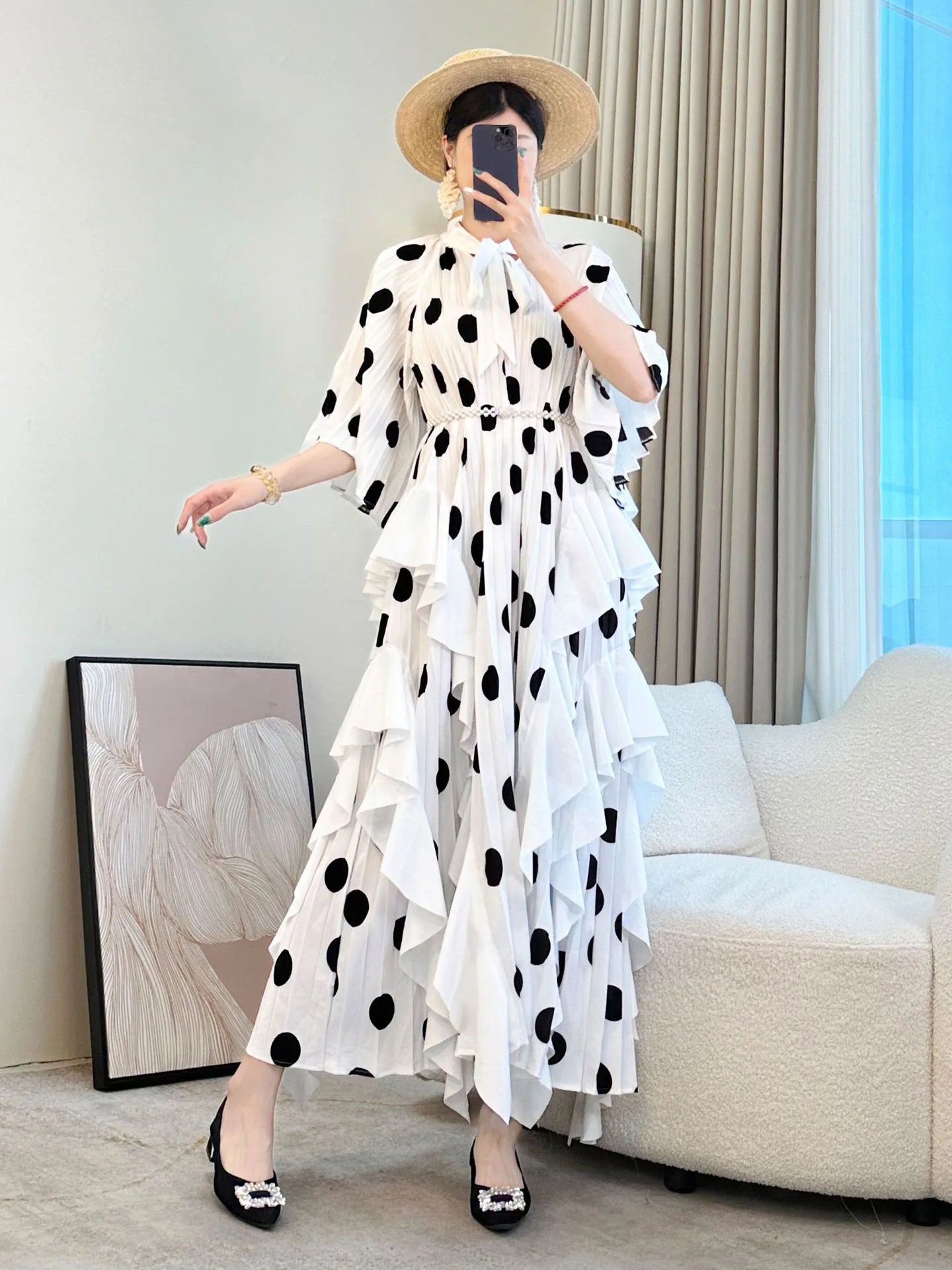 🍒 Dress with polka dots simple pleats and ruffled edges summer outfit looks long loose fit smart primted casual wear loose Fit clothing and Slimming Effect  party occasion clothing Lucky You Spotted this Spot