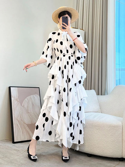 🍒 Dress with polka dots simple pleats and ruffled edges summer outfit looks long loose fit smart primted casual wear loose Fit clothing and Slimming Effect  party occasion clothing Lucky You Spotted this Spot