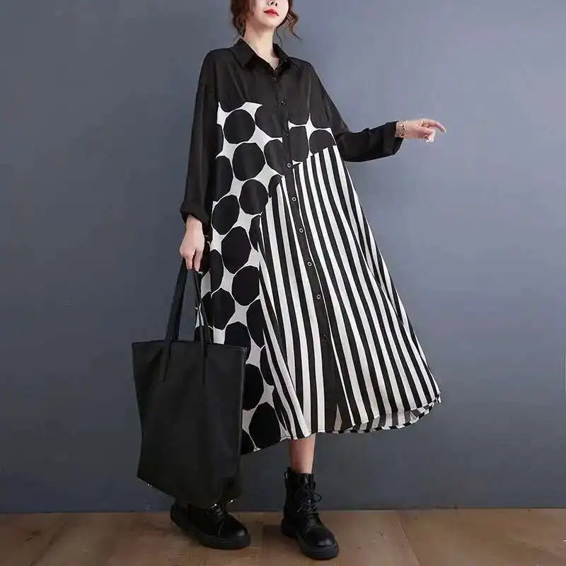 🍒Black polka dot a-line dress plus size Asymmetry shirt dress midi women's long sleeve summer outfits fashion smart casual Get An Angle On A- Triangle