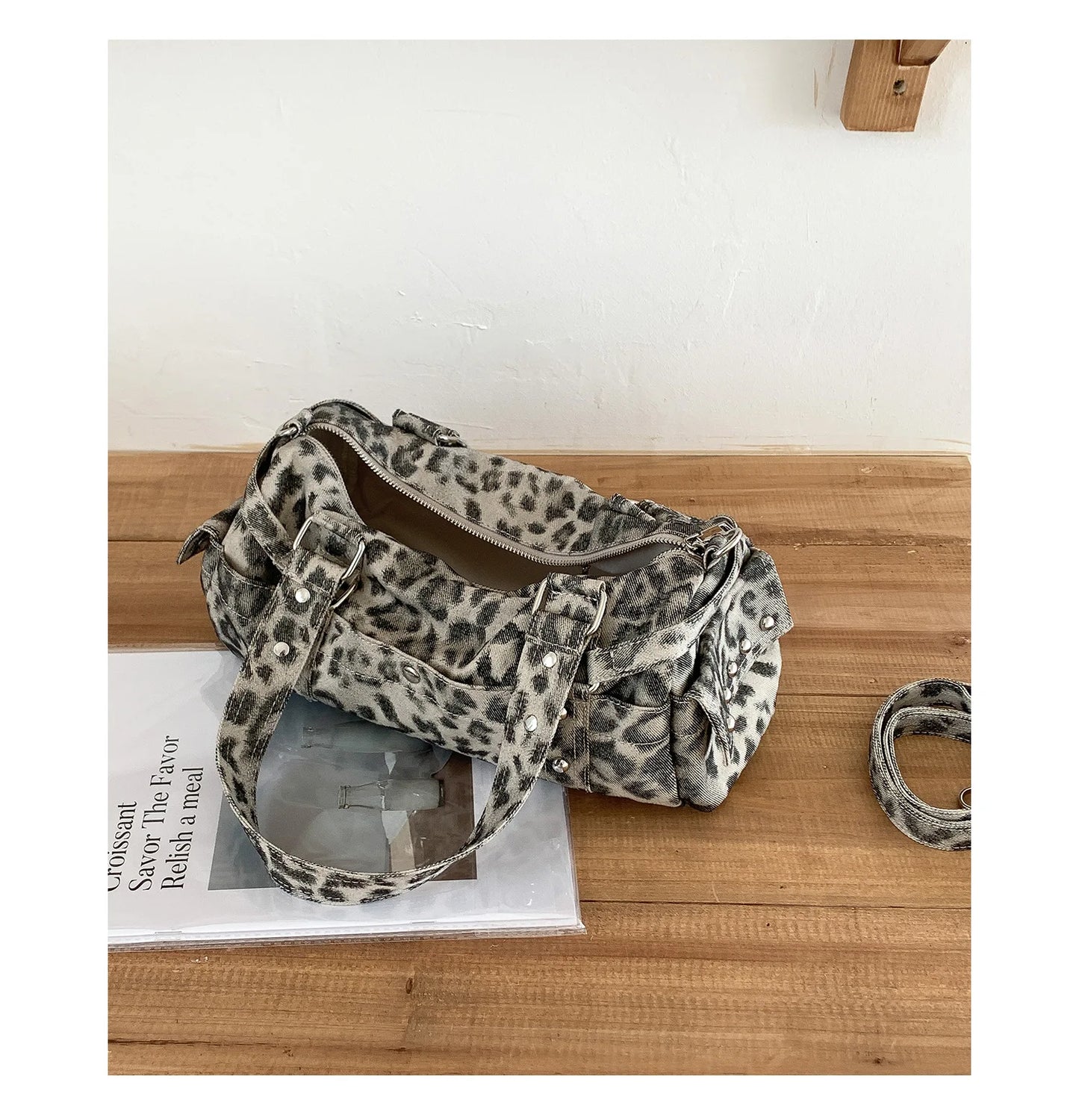 🍒Vintage leopard handbag rivet bag motorcycle barrel shaped crossbody bag boston casual female shoulder fashion totes  Jump On This Animal Its Barrels Of Fun