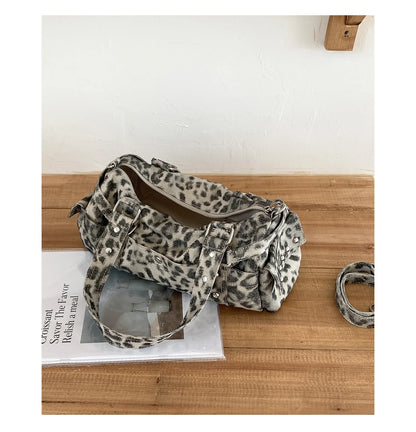🍒Vintage leopard handbag rivet bag motorcycle barrel shaped crossbody bag boston casual female shoulder fashion totes  Jump On This Animal Its Barrels Of Fun