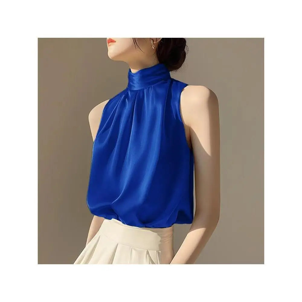 🍒Sleeveless turtle neck top sleeveless blouse womens Summer wear fashion pleated All-match over head camis Blue Blousey Beauty