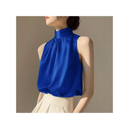 🍒Sleeveless turtle neck top sleeveless blouse womens Summer wear fashion pleated All-match over head camis Blue Blousey Beauty