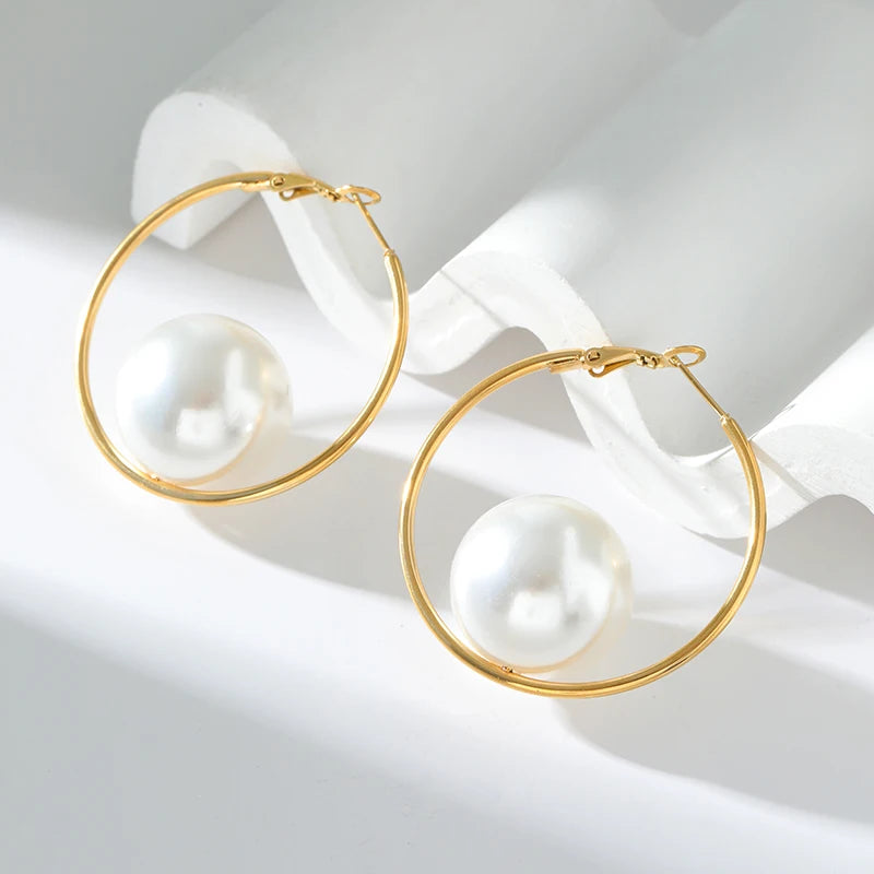 🍒Stainless steel large hoop earrings with pearl for women fashion exaggerated holiday Jewellery occasion earrings gift Bijoux Girly Pearl