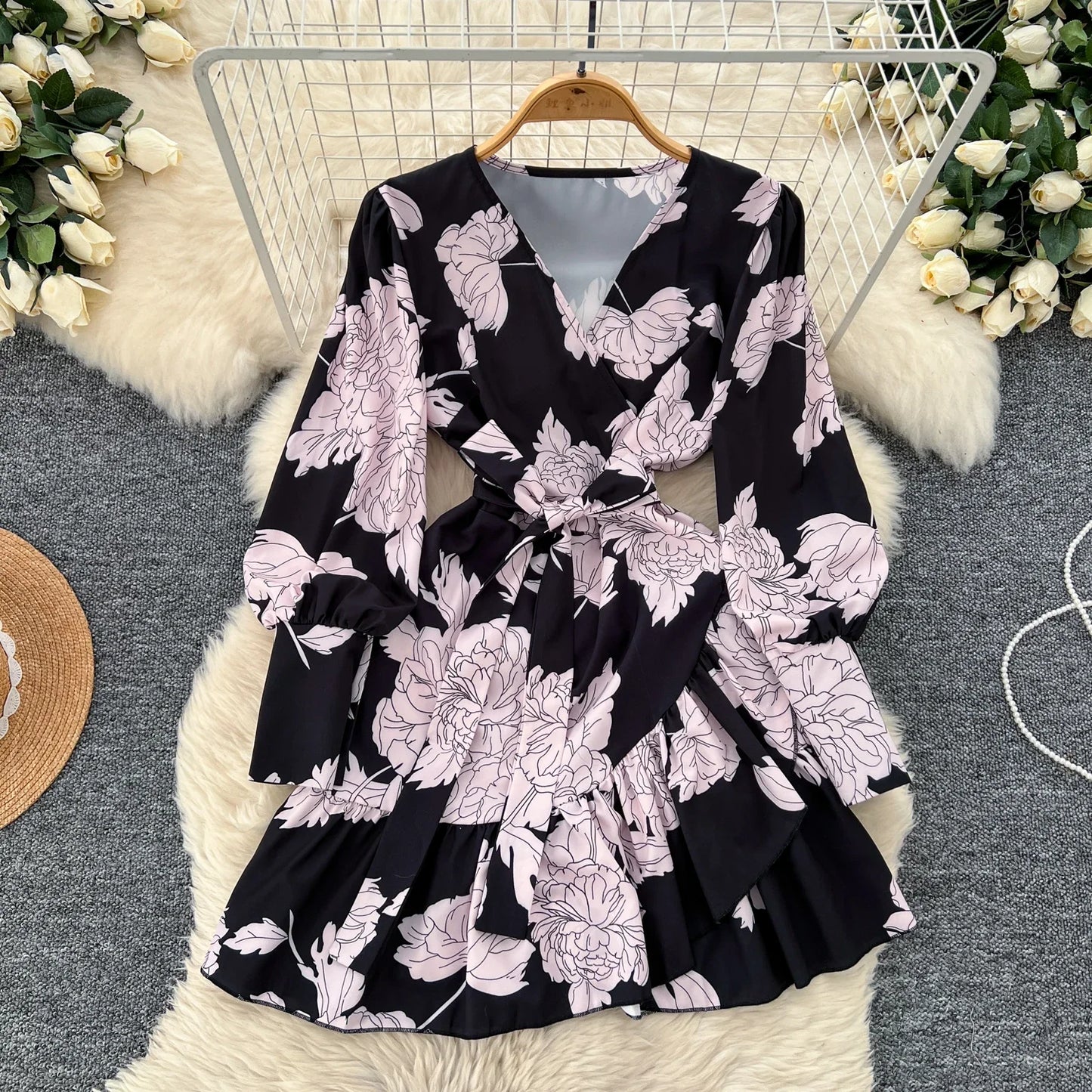 🍒V-neck lantern sleeve dress smat casual women elegant midi ruffle printed short dress french style evening wear chic spring outfits high street autumn fashion Don't Be Short On Minis