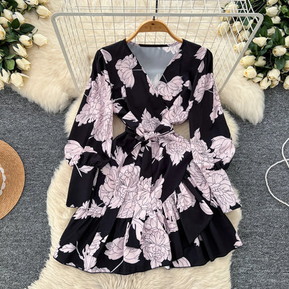 🍒V-neck lantern sleeve dress smat casual women elegant midi ruffle printed short dress french style evening wear chic spring outfits high street autumn fashion Don't Be Short On Minis