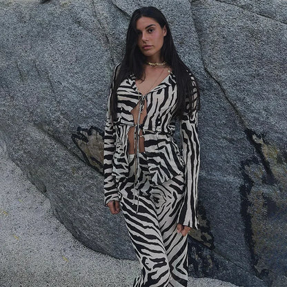 🍒Zebra  print mesh top sheer stripeed shirt outfit for women set tie front detail top and matching pants fashion two piece sets holiday beachwear Do Hot Girl Hot Jungle in Cool Clothes