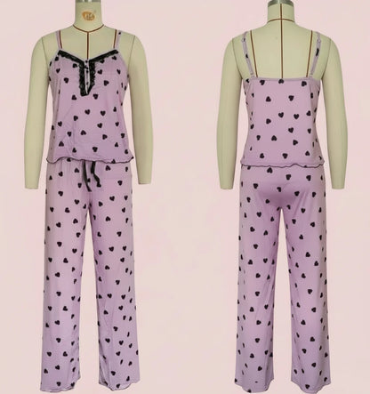 🍒Heart print pyjamas homewear sets women sleeveless crop top amd pants two piece coord with chemise lounge wear clothing                                       Love To Wear Clothes