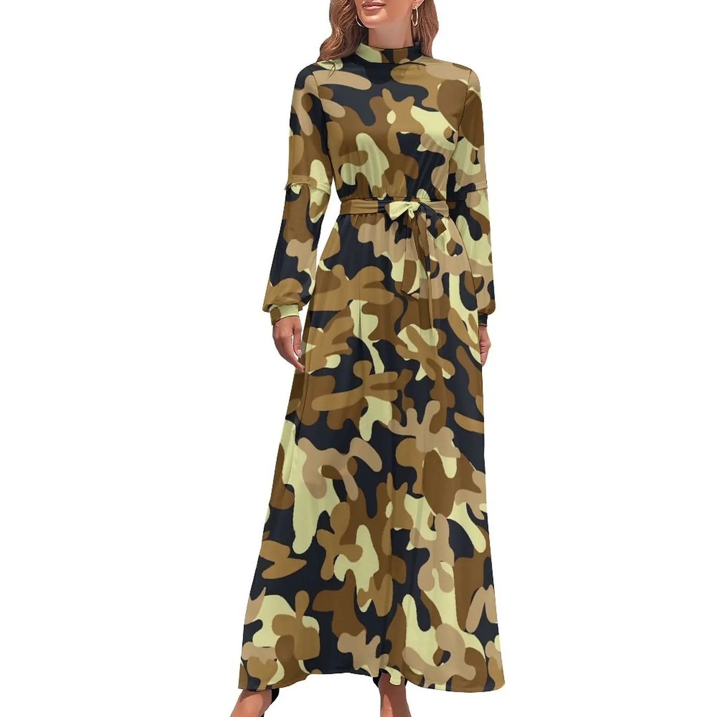 🍒Military camoflauge dress high waist outfit bohemian chic long-sleeve maxi stylish smart casual clothing women Camodel Camo