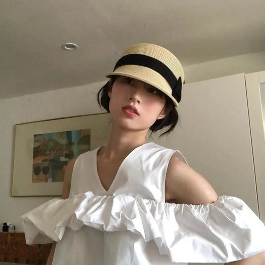🍒Hat with bow grass straw hat woven cap duckbill hat women sun protection cap for summer outdoor hat fashion DUCK Big Hat  BILLs