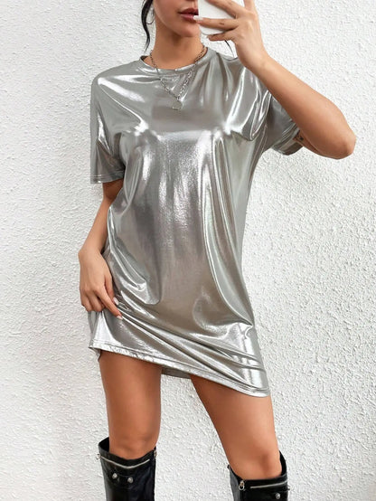🍒Shiny t-shirt dress trendy o-neck outfit short-sleeved mini dress loose tee club wear party wear holiday wear beach party clothes Save Your Silvers keep Your Coppers