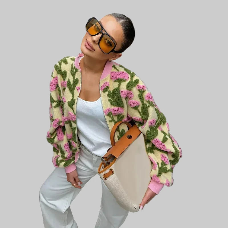 🍒Floral fleece bomber jacket women smart casual elegant stand collar bomber embroidery long sleeve zip up short coat spring outerwear 3D clothing  Fab Fleece Flowery Fashion Fun