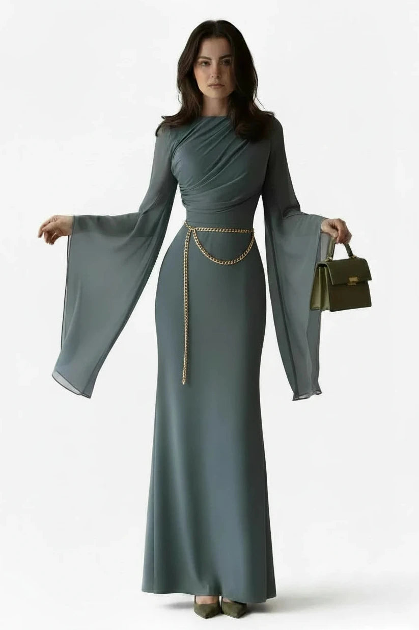 🍒Chiffon gown for women solid dress o-neck slim elegant evening wear bell sleeve high Waist outfit pleats long party occasion wear No Need To Ring For This Bell