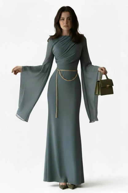 🍒Chiffon gown for women solid dress o-neck slim elegant evening wear bell sleeve high Waist outfit pleats long party occasion wear No Need To Ring For This Bell