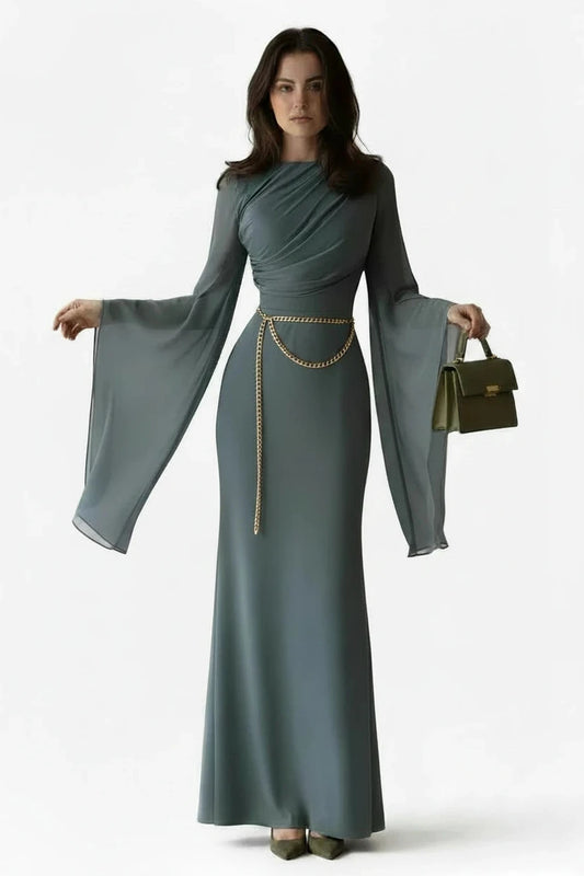 🍒Chiffon gown for women solid dress o-neck slim elegant evening wear bell sleeve high Waist outfit pleats long party occasion wear No Need To Ring For This Bell