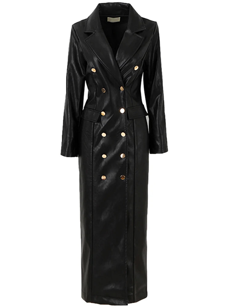 🍒Extra long faux leather trench coat for women double breasted luxury elegant long smart casual pu outerwear Keep aBREAST of DOUBLE take clothing