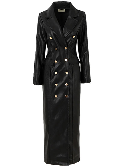 🍒Extra long faux leather trench coat for women double breasted luxury elegant long smart casual pu outerwear Keep aBREAST of DOUBLE take clothing