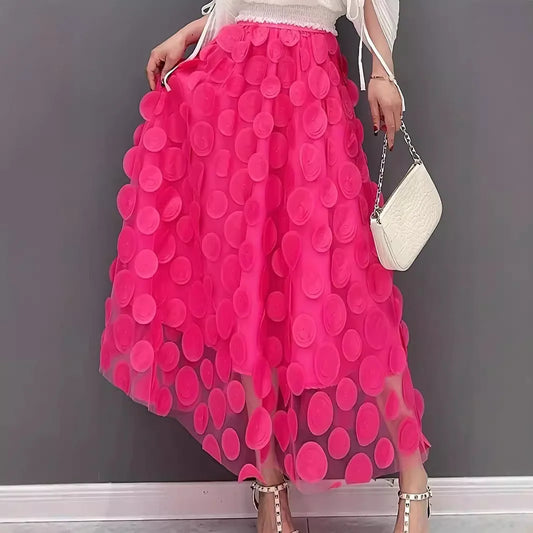 🍒Womens polka dot 3D design tulle mesh skirt retro elastic waist long length a-line occasion wear beach party wear street fashion feminine street wear You Will Be Dotty About These Spots