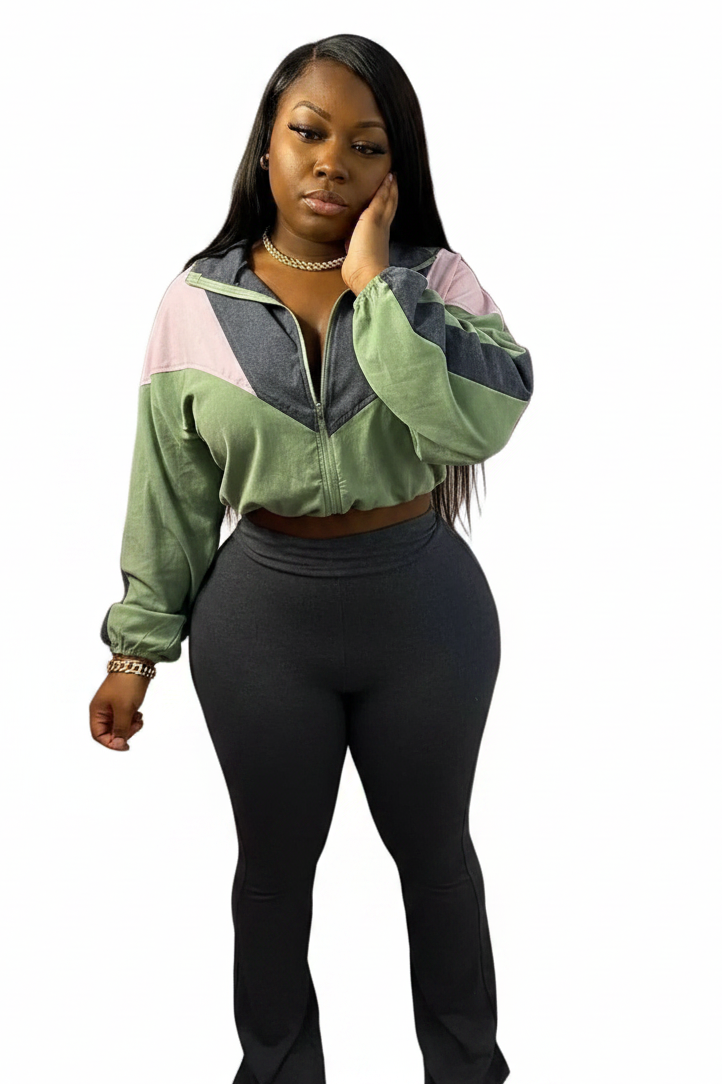 🍒Colour block 2 piece set outfit casual zipper tops women drawstring crop top plus high waist flare pants suit summer autumn fashion activewear outfits Lounge Lovely Kick Cumfy Or Fit Colour Into Your Keep Fit