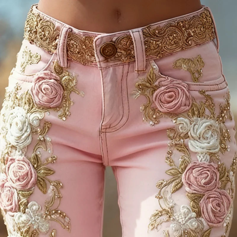 🍒Rose flower applique Jeans vintage trousers elegant romantic women's pink high waist pants slim chic floral pants