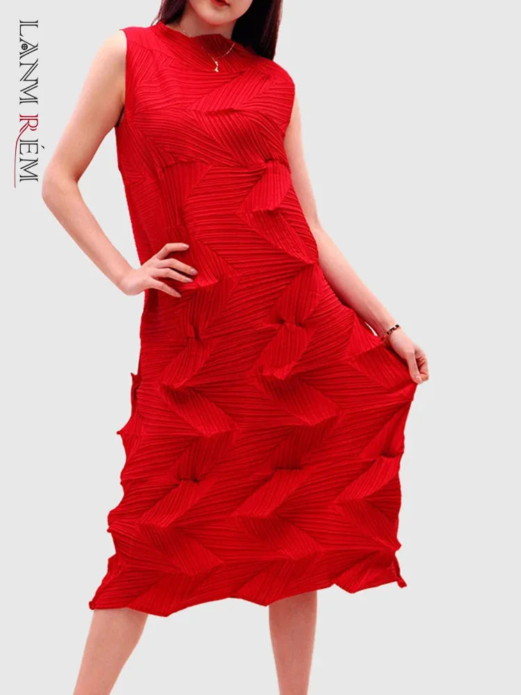 🍒Sleeveless pleated dress for women turtleneck outfit single colour solid fashion smart casual women party wear occasion clothing style 3D fold designer dresses Fashion A Fold