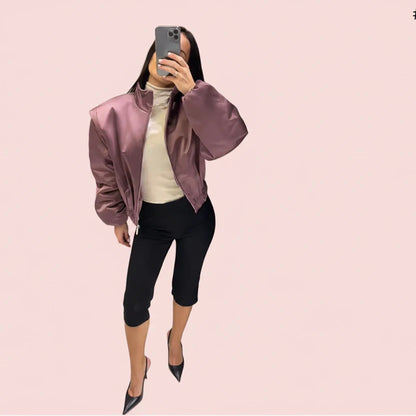 🍒Long sleeve bomber jacket women zipper with stand collar outerwear short casual coat solid chic female sateen clothing fashion   Get Into Mauve