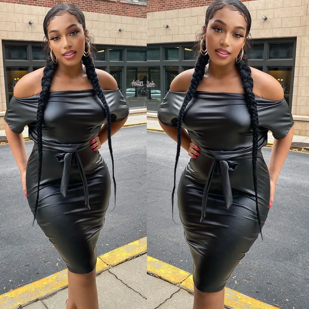 🍒Faux leather bodycon dress mini party slanted shoulder short sleeve pu outfit elegant clubbing wear occasion party wear clothing Liquorice Lovely