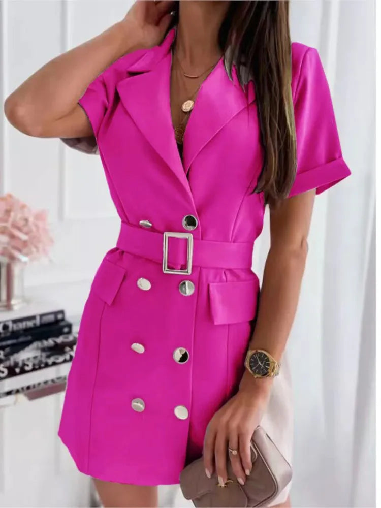 🍒 Short sleeve mini dress plain colour summer fashion casual lapel blazer dress for women double breasted party outfit with Belt Double Takes Winner