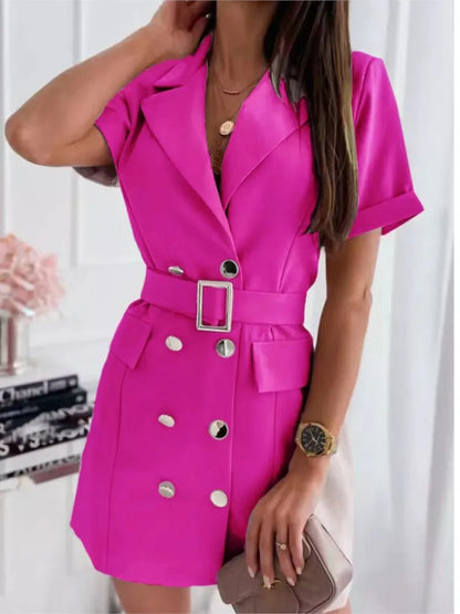 🍒 Short sleeve mini dress plain colour summer fashion casual lapel blazer dress for women double breasted party outfit with Belt Double Takes Winner