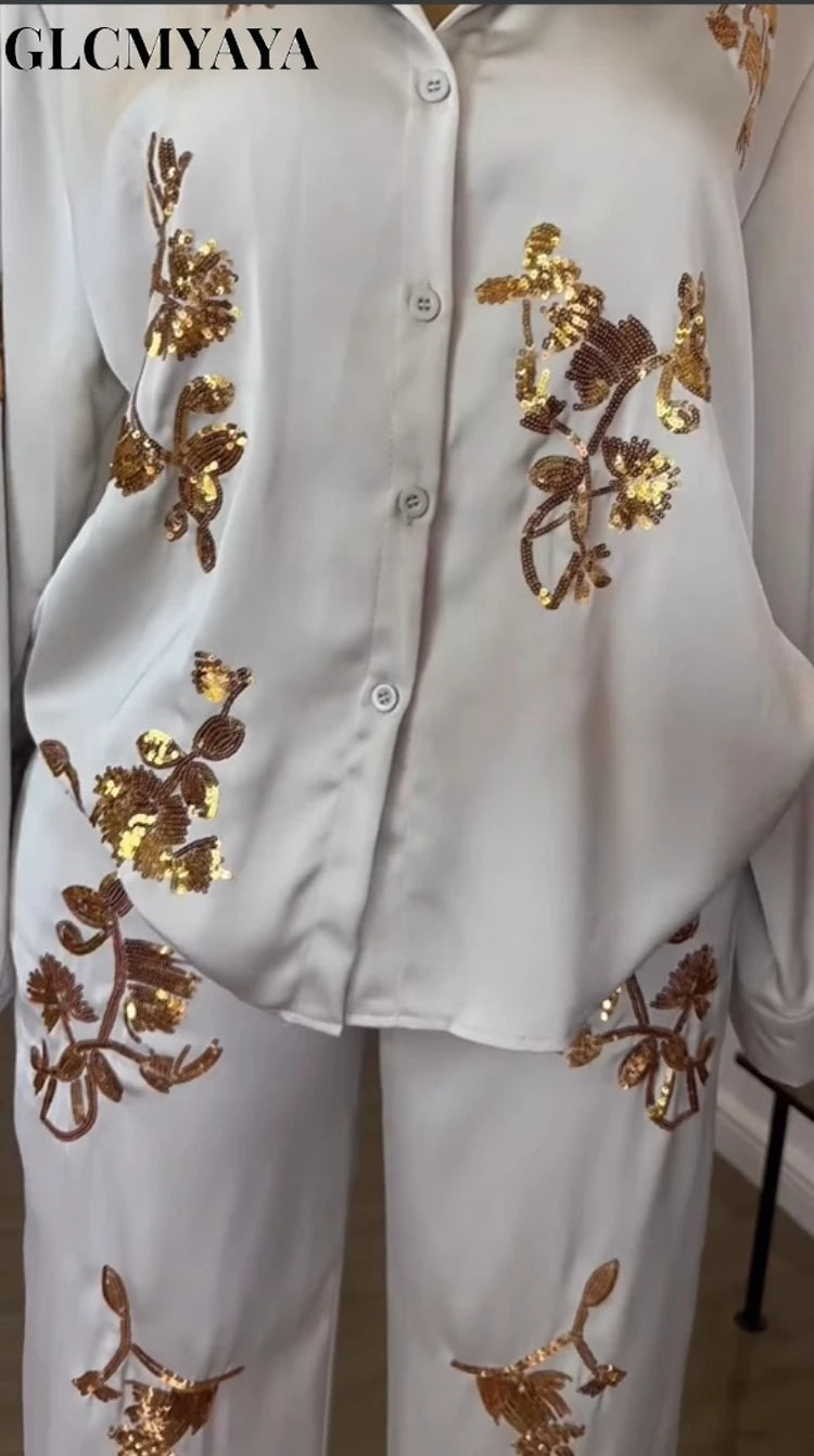 🍒Sequin two piece set long sleeve shirt top with elasticated waist party trousers smart casual clothing occasion outfit for women holiday vacation clothes for beach party Suitable Satin