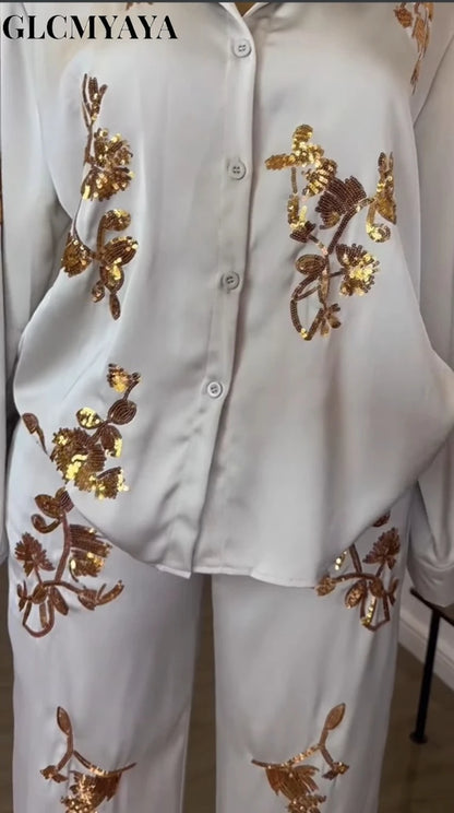 🍒Sequin two piece set long sleeve shirt top with elasticated waist party trousers smart casual clothing occasion outfit for women holiday vacation clothes for beach party Suitable Satin