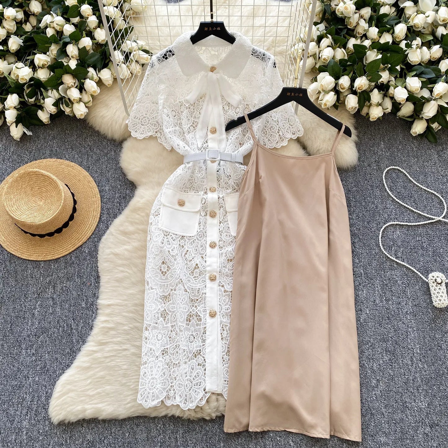 🍒White long lace dress for women short sleeve turn down collar elegant occasion party wedding reception outfit high waist Y2k fashion Lacey Bow Loves This So Will You!