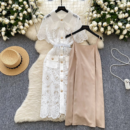 🍒White long lace dress for women short sleeve turn down collar elegant occasion party wedding reception outfit high waist Y2k fashion Lacey Bow Loves This So Will You!