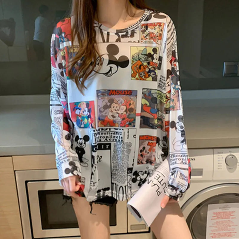 🍒Cartoon print full sleeve t-shirt casual tops trendy sun protection tee women sheer summer clothing simple beach wear for women Toon Into Toons