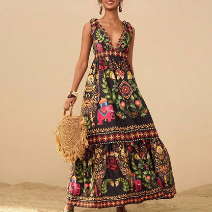 🍒Print sleeveless outfit swing dress v-neck women maxi high waist fashion holidays summer wear beach wear Shore Thang