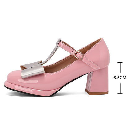 🍒T strap high heels round toe pumps women low platform shoes plus size available bow footwear for party wear wedding t-bar for special occasions Footwear With A Bow On IT