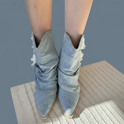 🍒Pointy toe ankle boots blue denim canvas shoes casual cloth booties for women comfortable western boots Cool Cowboy